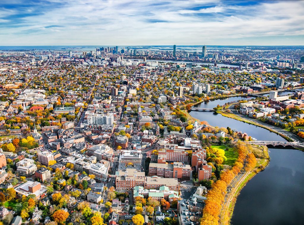 An aerial view of Cambridge with the Charles running alongside