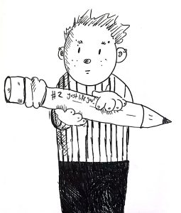 black and white cartoon of a person with spiky hair and a striped shirt holding a big pencil