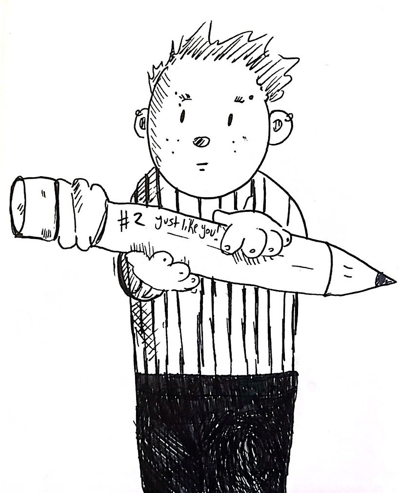 black and white cartoon of a person with spiky hair and a striped shirt holding a big pencil
