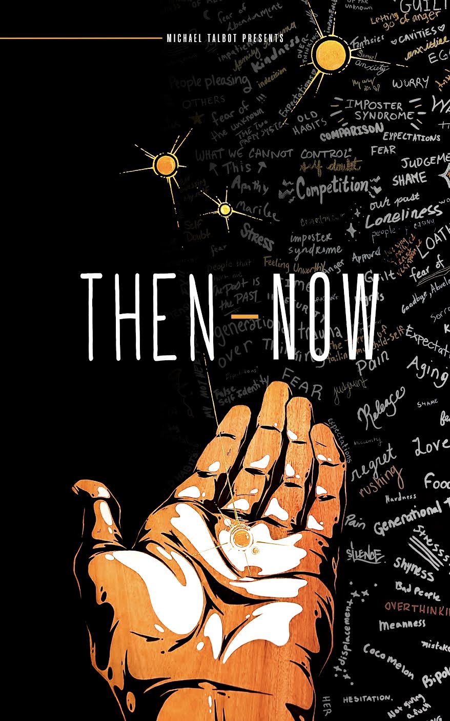 A photo of Michael Talbot's painting, Letting Go which features an outstretched palm releasing golden sparks onto the background with words written in italic market signifying things viewers of the piece want to let go. Then - Now, the title of the show is centered in large white and gold text over the painting.