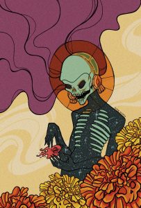 an image of a muted green/blue skeleton holding an orange marigold, surrounded by orange and yellow marigolds with purple smoke coming from their head