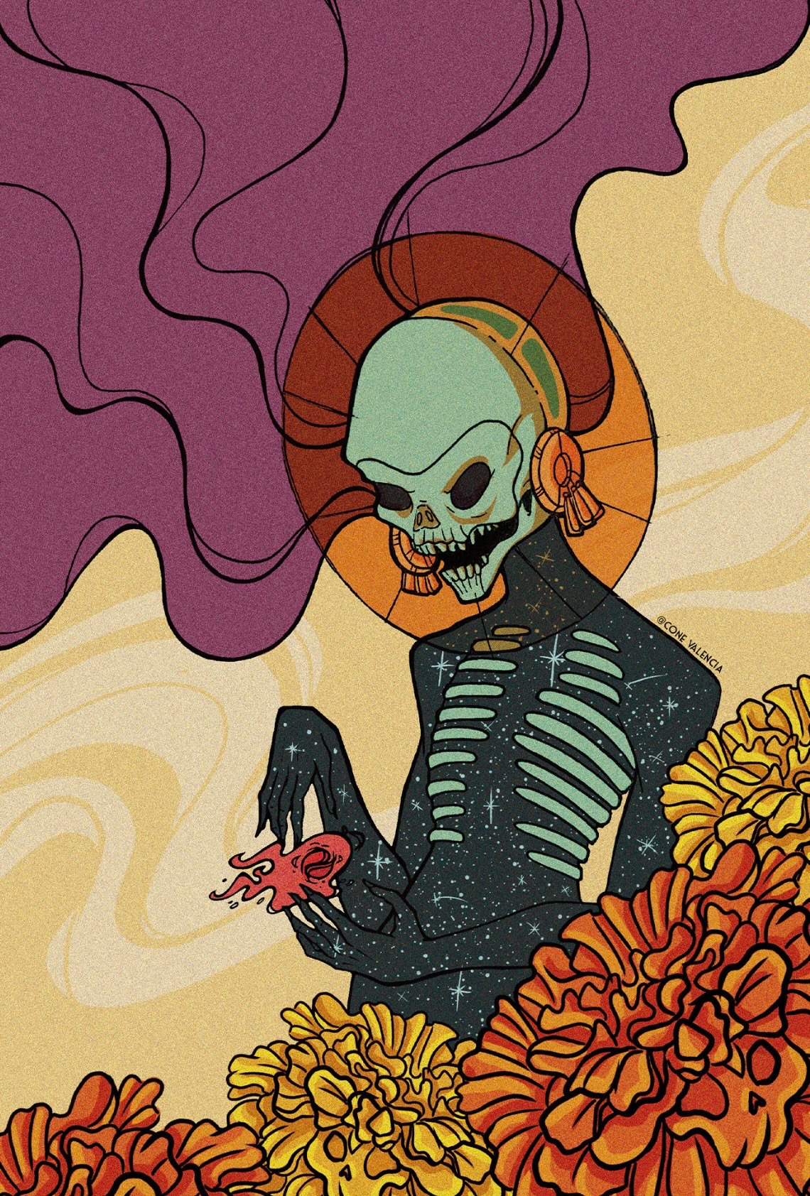 an image of a muted green/blue skeleton holding an orange marigold, surrounded by orange and yellow marigolds with purple smoke coming from their head