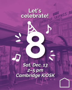 The text "Let's celebrate!" and a large number 8 wearing a party hat over a purple-tinted image of the KiOSK