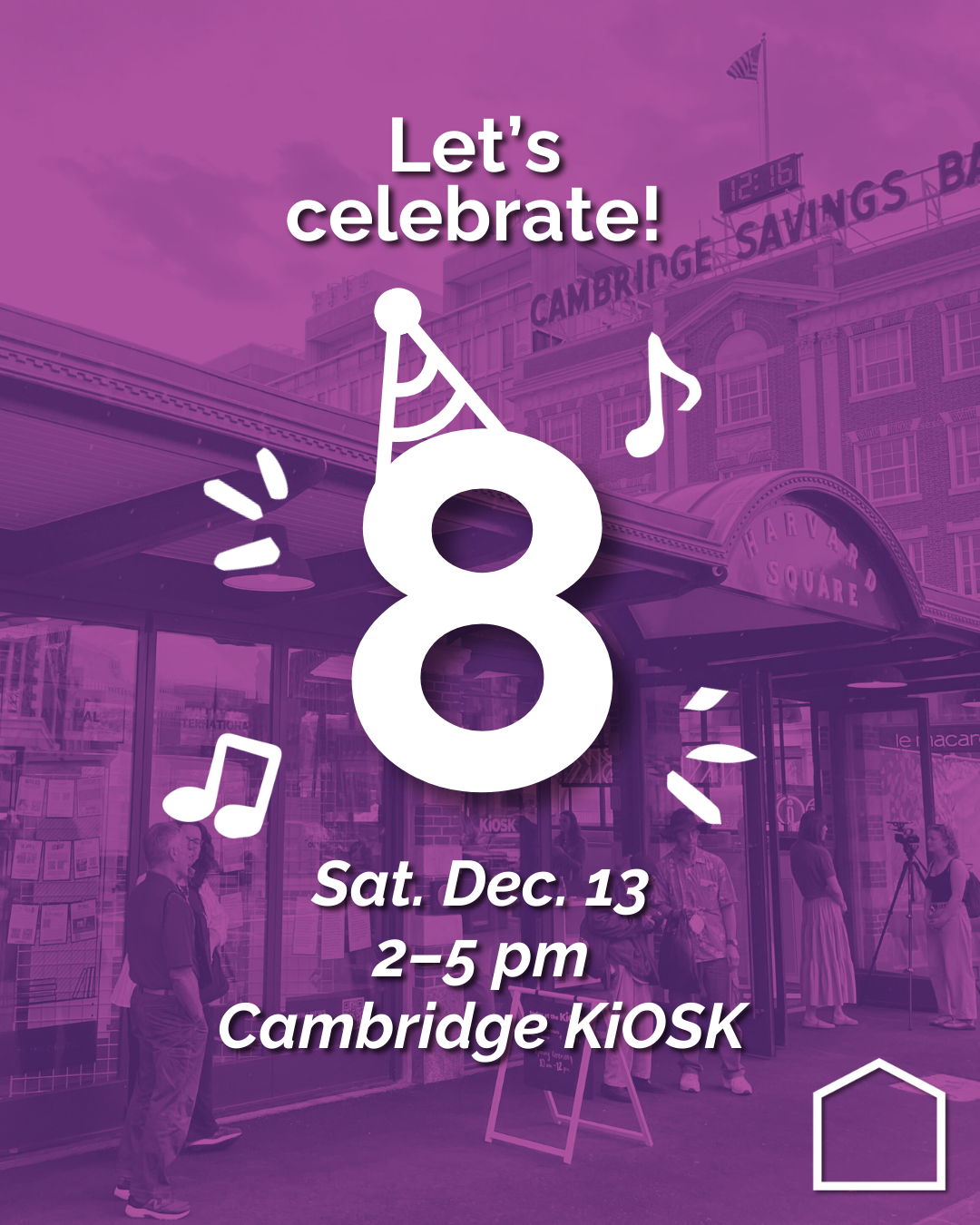 The text "Let's celebrate!" and a large number 8 wearing a party hat over a purple-tinted image of the KiOSK