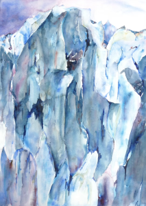Abstract painting of glacial ice using blue and purple tones