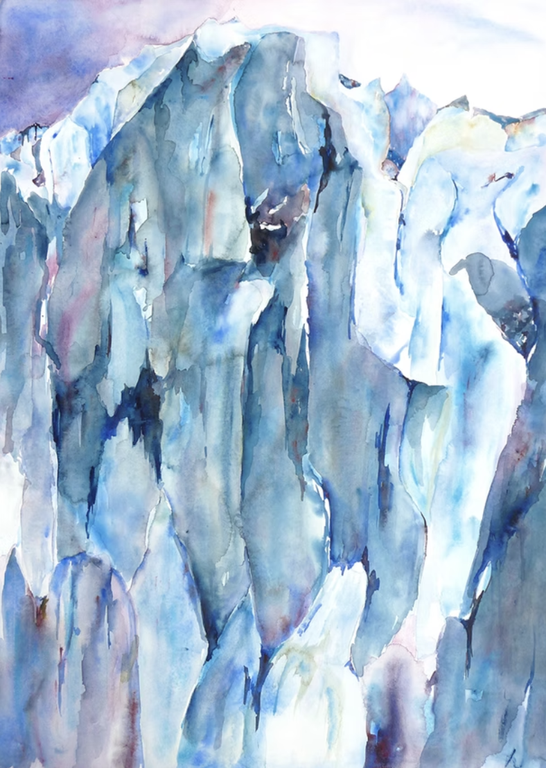 Abstract painting of glacial ice using blue and purple tones