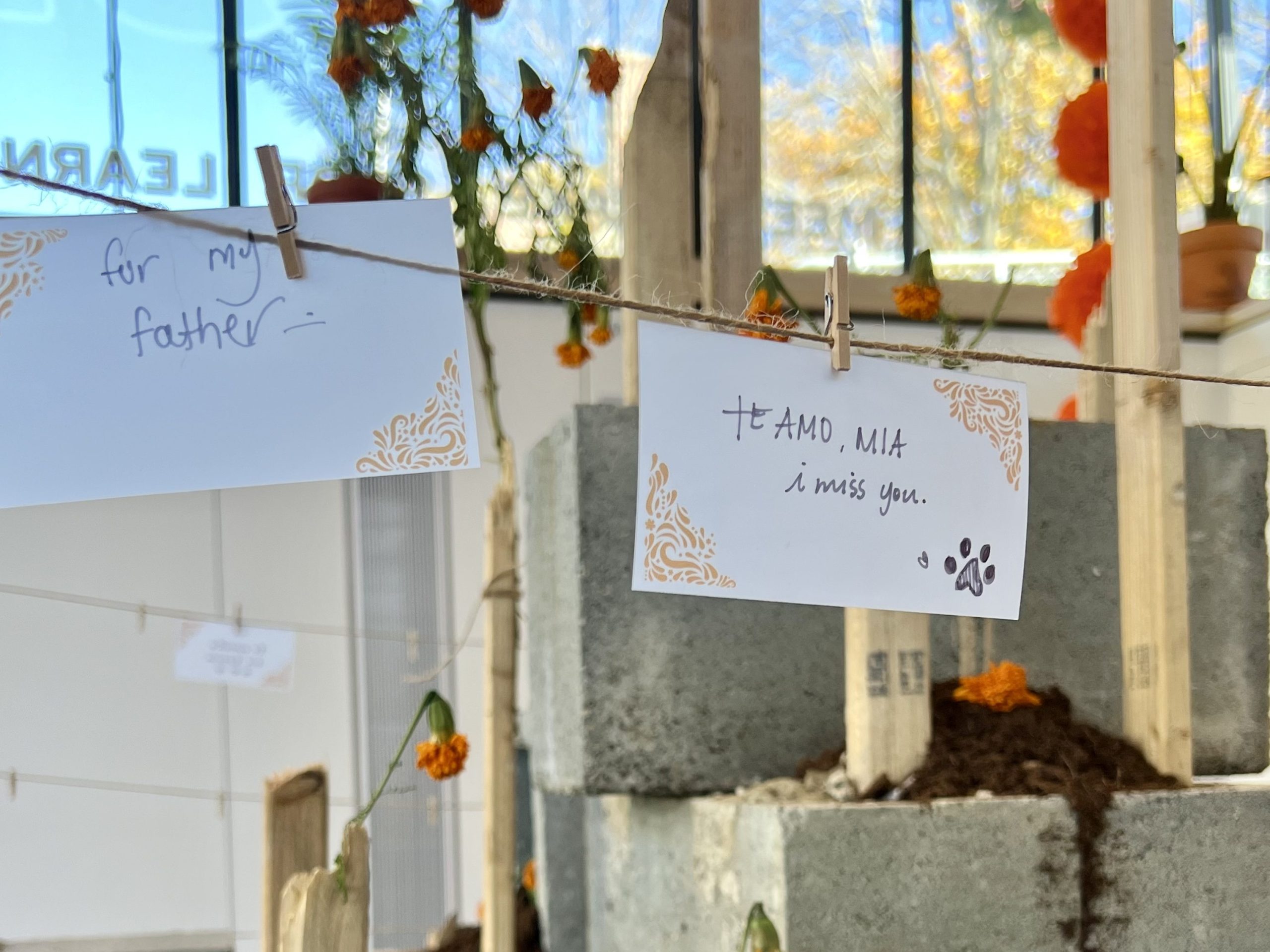 Letters left my visitors for loved ones who have passed away hang with clothespins on string as part of the communal Dia de los Muertos altar featured in Images of Mexico's Festival Mictlán exhibition. On the left, one reads, "For my father—". On the right, another reads, "Te amo, Mia. I miss you" with a dog print drawn on the bottom right corner.