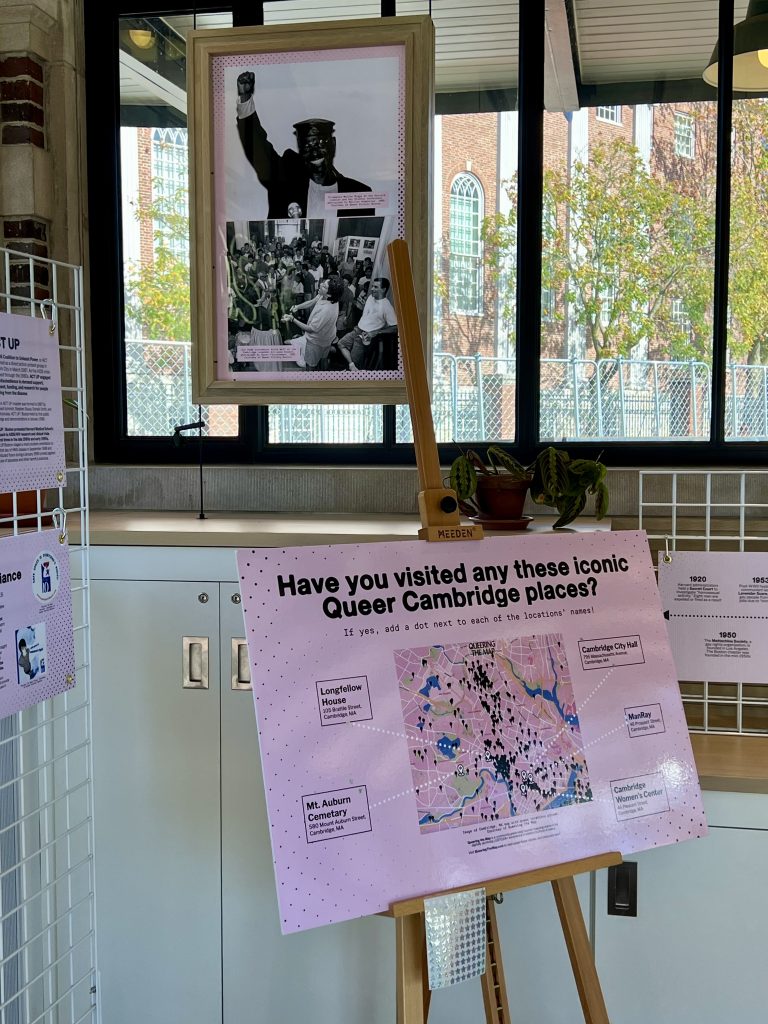 Infographics and archival images display at the KiOSK for the Queer History exhibition.