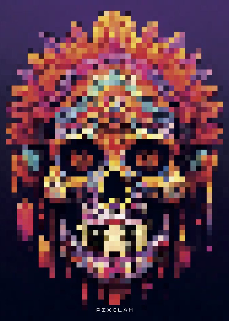 A purposefully pixelated graphic of what appears to be a Día de los Muertos skull 