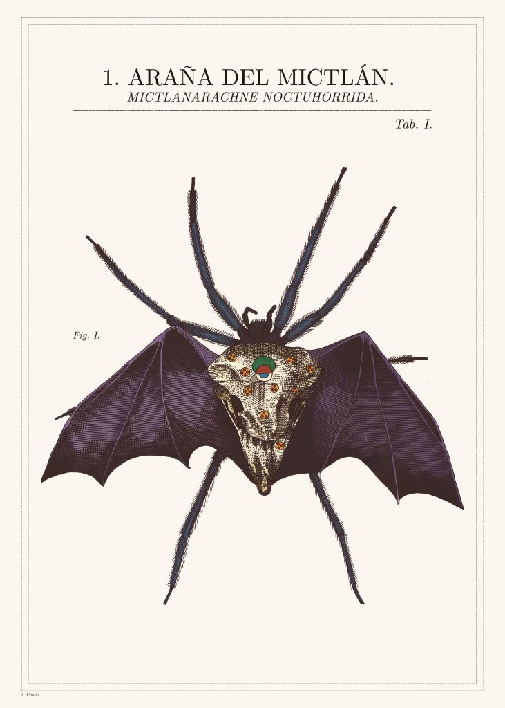 A diagram of a spider-like creature with bat wings and a skeletal core, labeled "ARAÑA DEL MICTLÁN.
MICTLANARACHNE NOCTUHORRIDA. Tab. I. Fig. I."