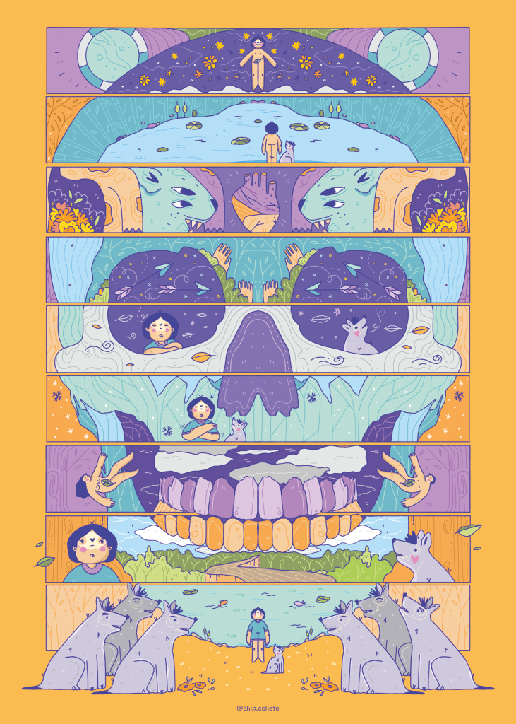 A colorful skull over an orange background, with horizontal sections divided into different scenes or natural life
