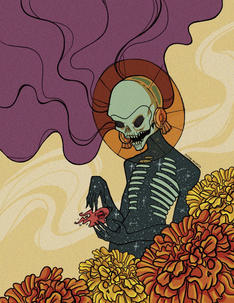 an image of a muted green/blue skeleton holding an orange marigold, surrounded by orange and yellow marigolds with purple smoke coming from their head