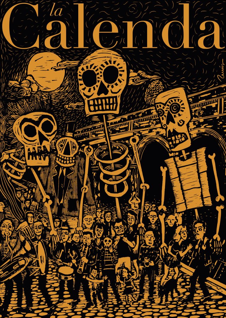 A black and orange graphic of a festive Oaxacan parade, featuring musicians, children, and large puppets 