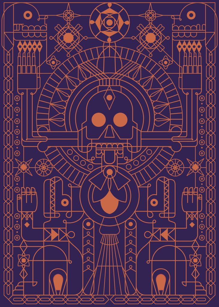 An abstract design of the deity Mictecacíhuatl, depicted in orange lines over a purple background