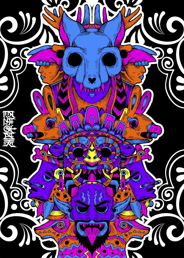A graphic of a colorful totem structure surrounded by a black and white swirling design.
