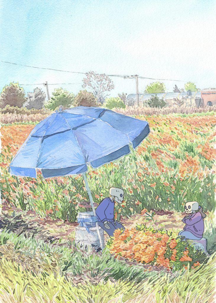 A graphic of two skeletons wearing sweaters sitting in a sunny field under an umbrella 